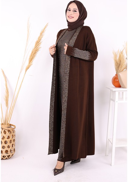 Belli Kısımları Simli Tam Boy Elbise Hırka 2li Triko Takım 22223 Kahverengi