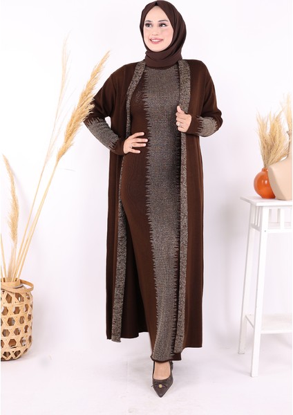 Belli Kısımları Simli Tam Boy Elbise Hırka 2li Triko Takım 22223 Kahverengi fiyatları