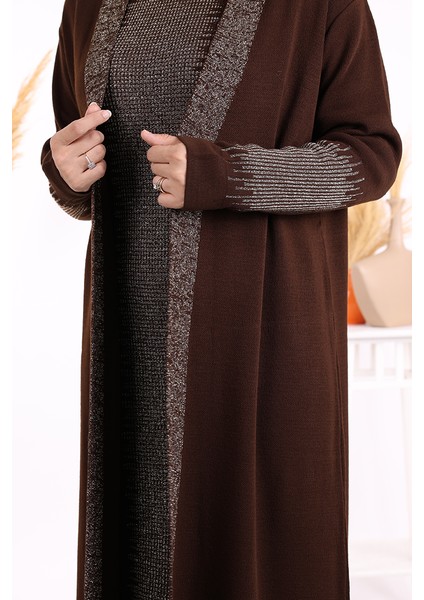 Belli Kısımları Simli Tam Boy Elbise Hırka 2li Triko Takım 22223 Kahverengi modelleri