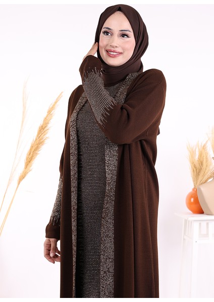 Belli Kısımları Simli Tam Boy Elbise Hırka 2li Triko Takım 22223 Kahverengi fırsatları