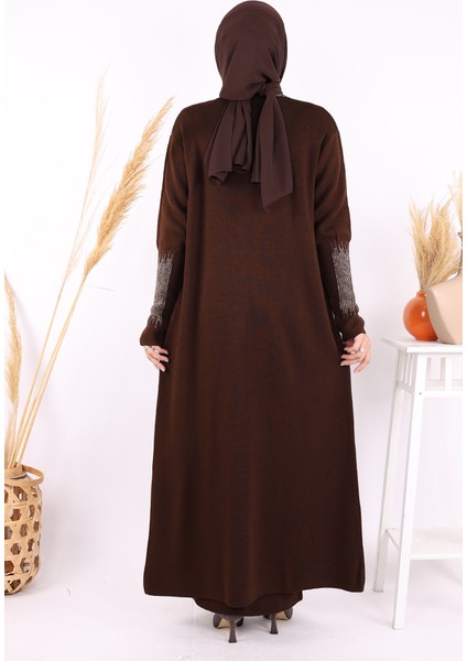 Belli Kısımları Simli Tam Boy Elbise Hırka 2li Triko Takım 22223 Kahverengi indirimleri