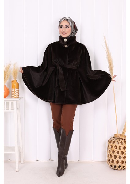 70060 Düğme Detaylı Panço Koyu Kahve