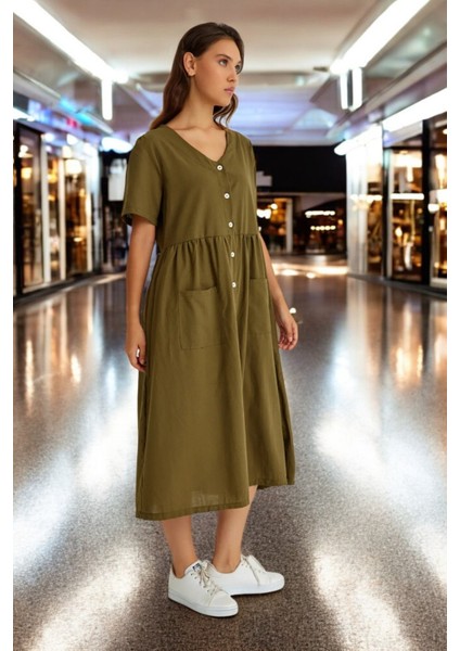 Beli Büzgülü V Yaka Keten Elbise