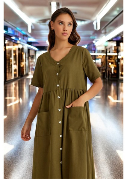 Beli Büzgülü V Yaka Keten Elbise fırsatları