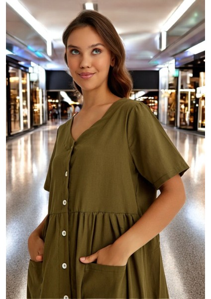 Beli Büzgülü V Yaka Keten Elbise indirimleri