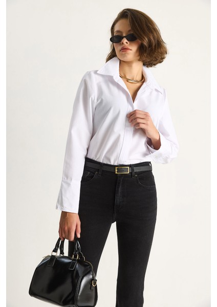 Kadın Pliseli Pat Detaylı Geniş Manşet Detaylı Klasik Yaka Gömlek modelleri