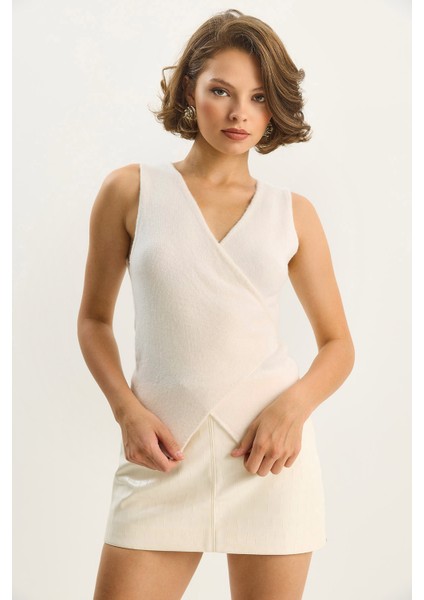 Kadın Kruvaze Yaka Bel Bağlamalı Triko Yelek modelleri