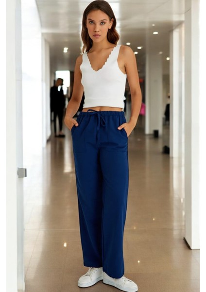 Yazlık Beli Bağcık Detaylı Keten Pantolon