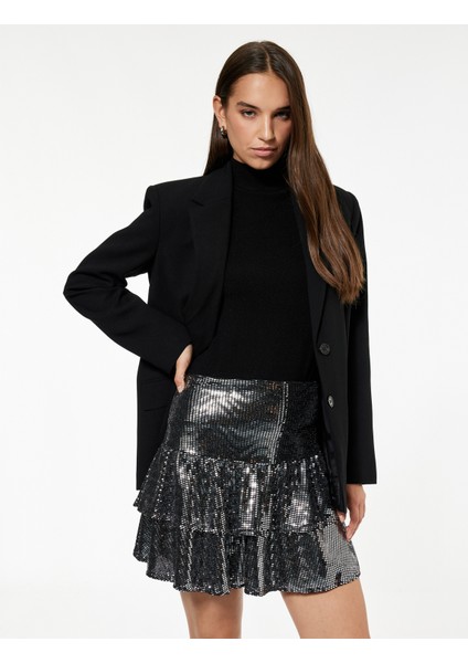 Pullu Payetli Yüksek Bel Katlı Volanlı Mini Etek