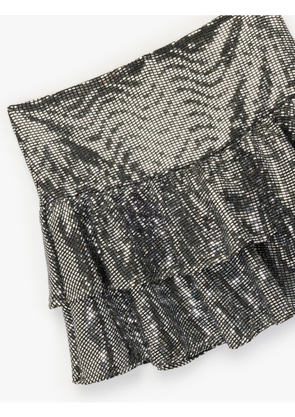 Pullu Payetli Yüksek Bel Katlı Volanlı Mini Etek indirimleri