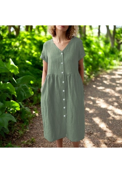 V Yaka Kısa Kol Keten Elbise