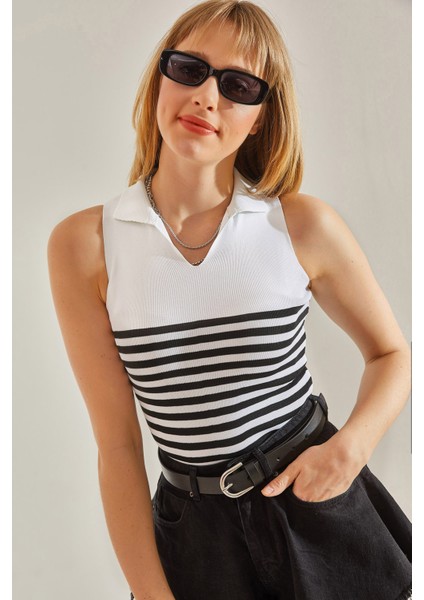 Kadın V Yaka Çizgili Triko Bluz