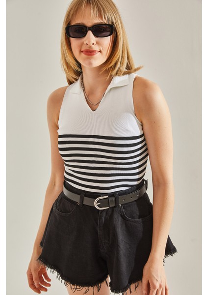 Kadın V Yaka Çizgili Triko Bluz modelleri