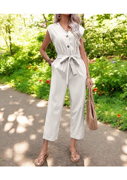 Yazlık Kolsuz V Yaka Keten Takım