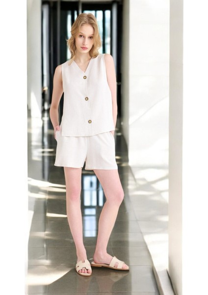 Yazlık Kolsuz Şortlu Keten Takım