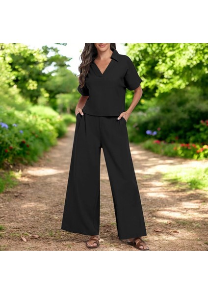 Yazlık Şık V Yaka Keten Takım