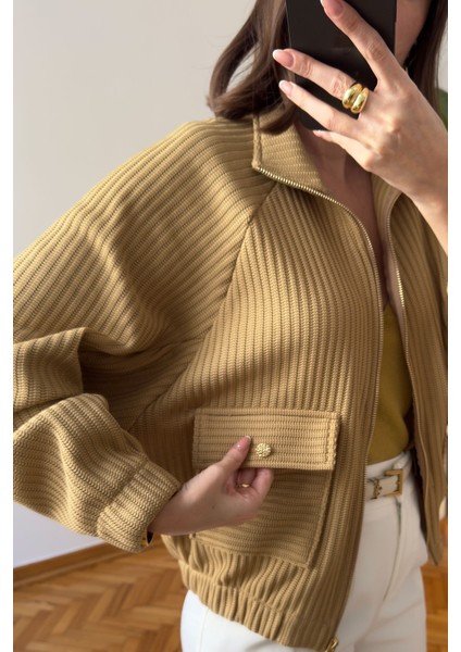 Cepli Triko Bomber Ceket- Hardal fırsatları