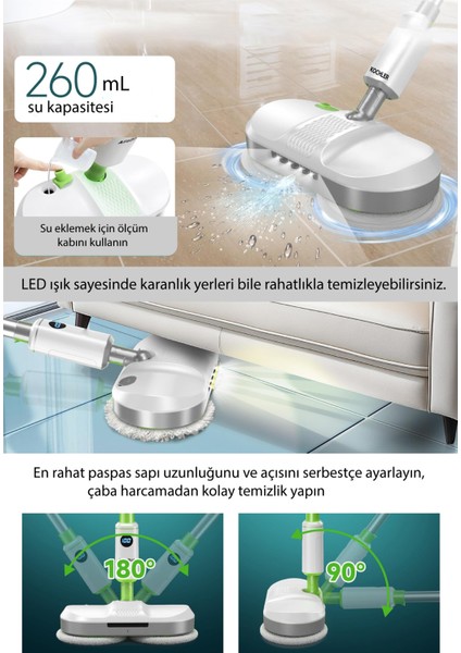 Kablosuz Elektrikli Mop T35 – Şarjlı Sessiz Elektrikli Paspas, Yıkanabilir Pedli (260 ml Su Hazneli)