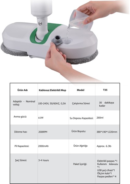 Kablosuz Elektrikli Mop T35 – Şarjlı Sessiz Elektrikli Paspas, Yıkanabilir Pedli (260 ml Su Hazneli)