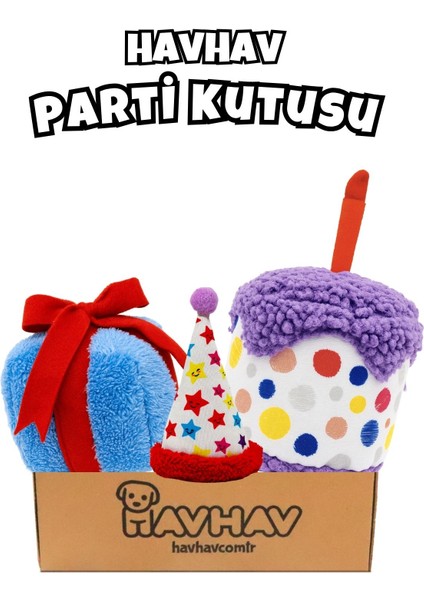 Köpek Parti Kutusu 3'lü Set | Parti Şapkası, Peluş Pasta, Peluş Hediye Kutusu
