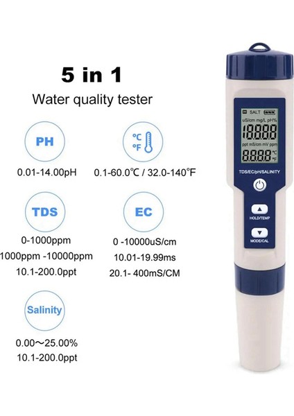 Havuzlar, Içme Suyu ve Akvaryumlar Için 5'i 1 Arada Tds/ec/ph/tuzluluk/sıcaklık Ölçer Dijital Su Kalitesi Monitör Test Cihazı (Yurt Dışından) modelleri