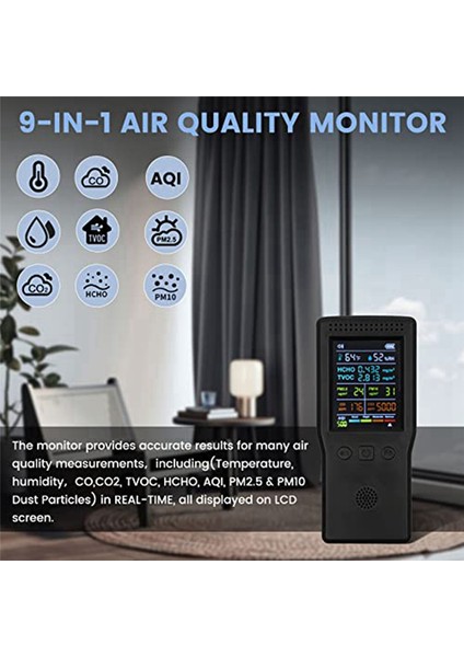 Hava Kalitesi Monitörü 9'u 1 Arada, Formaldehit Dedektörü Iç Mekan, Sıcaklık ve Nem Co2 Ölçer, Pm2.5 Monitörünü Algıla Siyah (Yurt Dışından) modelleri