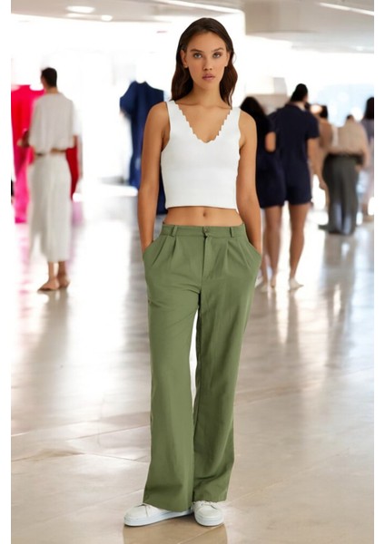 Yazlık Düğmeli Keten Kadın Pantolon