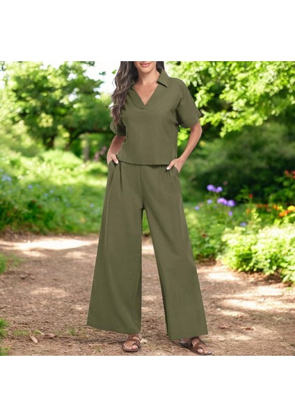 Yazlık Rahat V Yaka Keten Takım