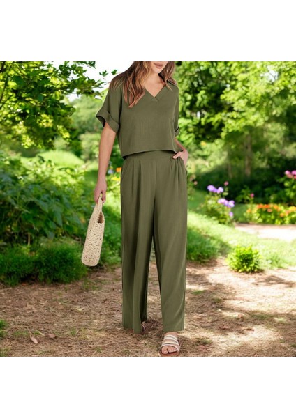 Yazlık Rahat V Yaka Keten Takım fiyatları