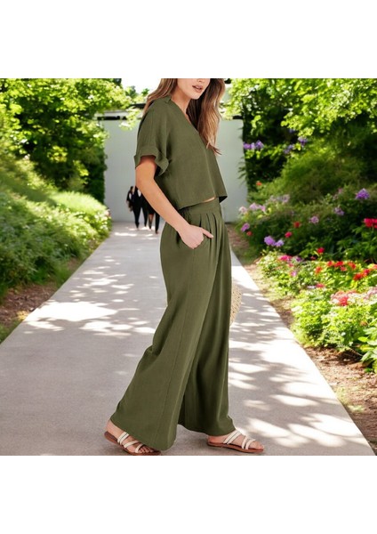 Yazlık Rahat V Yaka Keten Takım indirimleri