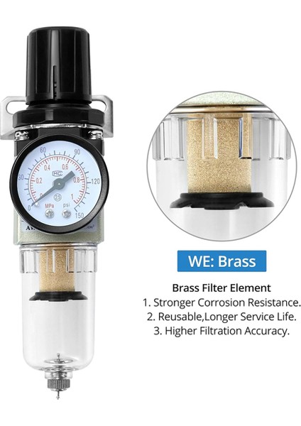 1/4 Inç Hava Kompresörü Filtre Regülatörü Kombinasyonu AW2000-02 - Pirinç Elemanlar, Maksimum 150 Psı Basınç, Kompakt Tasarım (Yurt Dışından) modelleri
