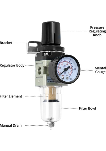 1/4 Inç Hava Kompresörü Filtre Regülatörü Kombinasyonu AW2000-02 - Pirinç Elemanlar, Maksimum 150 Psı Basınç, Kompakt Tasarım (Yurt Dışından) fırsatları