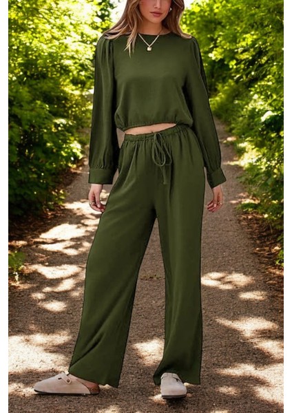 Yazlık Yüksek Bel Balon Kol Rahat Keten Takım
