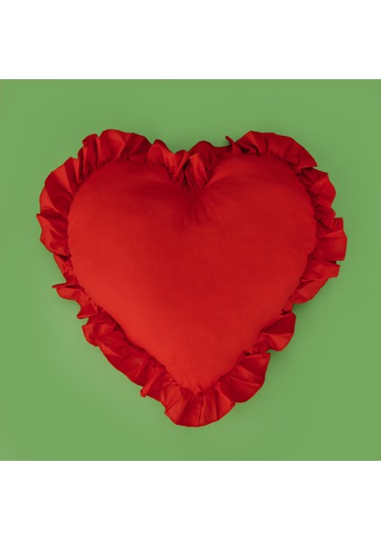 Soft Fırfırlı Kalpli Kırlent - Kırmızı - 49X48 cm