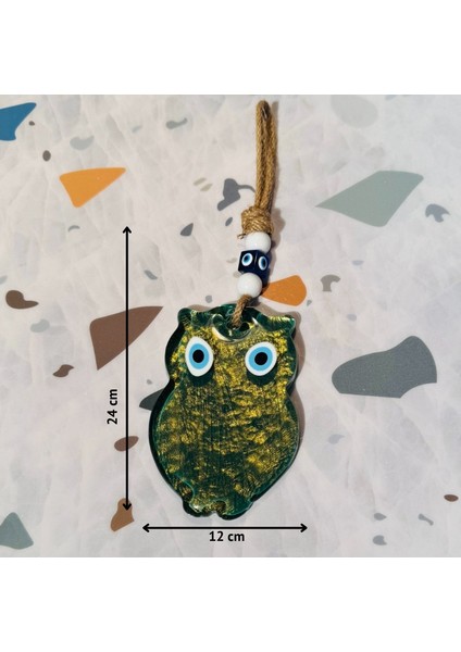 El Yapımı Hediyelik Dekoratif Nazar Boncuklu, Baykuş Figürlü Yeşil Renk Simli ve İpli 25 cm Cam Duvar Süsü fiyatları