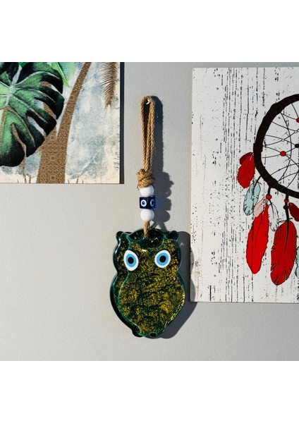 El Yapımı Hediyelik Dekoratif Nazar Boncuklu, Baykuş Figürlü Yeşil Renk Simli ve İpli 25 cm Cam Duvar Süsü modelleri