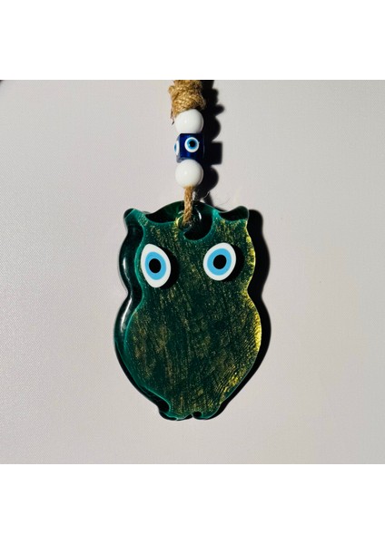 El Yapımı Hediyelik Dekoratif Nazar Boncuklu, Baykuş Figürlü Yeşil Renk Simli ve İpli 25 cm Cam Duvar Süsü fırsatları