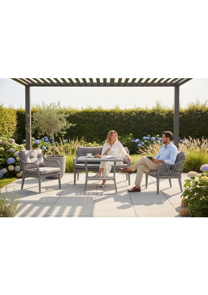 Kaş 2+1+1+Sehpa Bahçe Balkon Mobilyası,gri Kumaş /gri Rattan