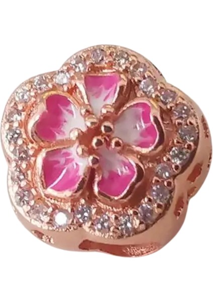 Rose Pembe Çiçek Gümüş Charm