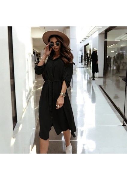 Düğmeli Kemerli Gömlek Yaka Keten Elbise fiyatları