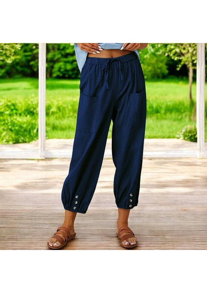 Günlük Düğme Detaylı Keten Pantolon
