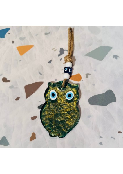 El Yapımı Hediyelik Dekoratif Nazar Boncuklu, Baykuş Figürlü Yeşil Renk Simli ve İpli 25 cm Cam Duvar Süsü indirimleri