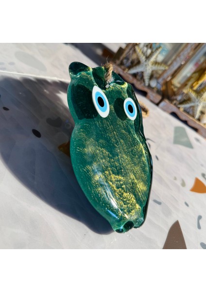 El Yapımı Hediyelik Dekoratif Nazar Boncuklu, Baykuş Figürlü Yeşil Renk Simli ve İpli 25 cm Cam Duvar Süsü