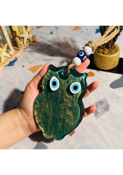 El Yapımı Hediyelik Dekoratif Nazar Boncuklu, Baykuş Figürlü Yeşil Renk Simli ve İpli 25 cm Cam Duvar Süsü