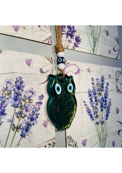 El Yapımı Hediyelik Dekoratif Nazar Boncuklu, Baykuş Figürlü Yeşil Renk Simli ve İpli 25 cm Cam Duvar Süsü