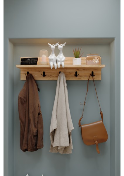 Ahşap Raflı Portmanto Duvar Askılığı Elbise Askılığı 70 cm