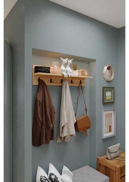 Ahşap Raflı Portmanto Duvar Askılığı Elbise Askılığı 70 cm fırsatları