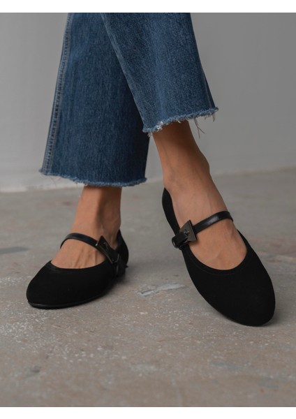 Rinda Siyah Süet Hakiki Deri Kadın Babet