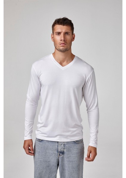 Erkek Beyaz Uzun Kollu V Yaka Modal Basic Tişört C7T2N6O1