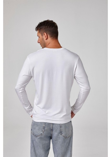 Erkek Beyaz Uzun Kollu V Yaka Modal Basic Tişört C7T2N6O1 fiyatları